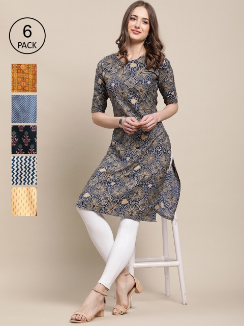 

KALINI Women Pack Of 6 Multicoloured Printed Block Print Crepe Kurta, Multi