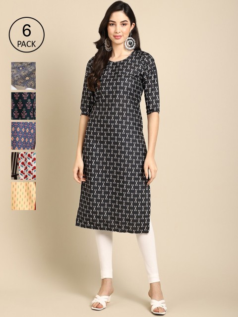 

KALINI Women Pack of 6 Floral Printed Crepe Kurta, Multi
