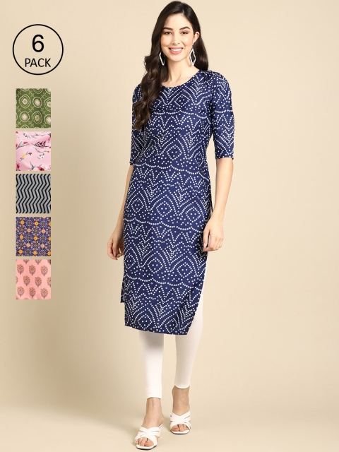

KALINI Women Pack of 6 Ethnic Motifs Printed Crepe Kurta, Multi