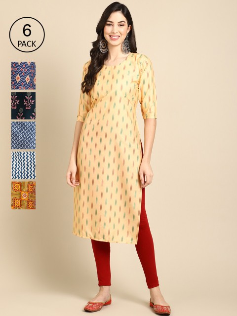 

KALINI Pack of 6 Women Printed Crepe Kurta, Yellow