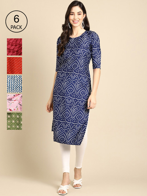 

KALINI Women Pack of 6 Printed Crepe Straight Kurta, Multi