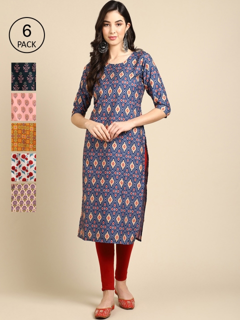 

KALINI Women Pack of 6 Ethnic Motifs Printed Crepe Pathani Kurta, Multi