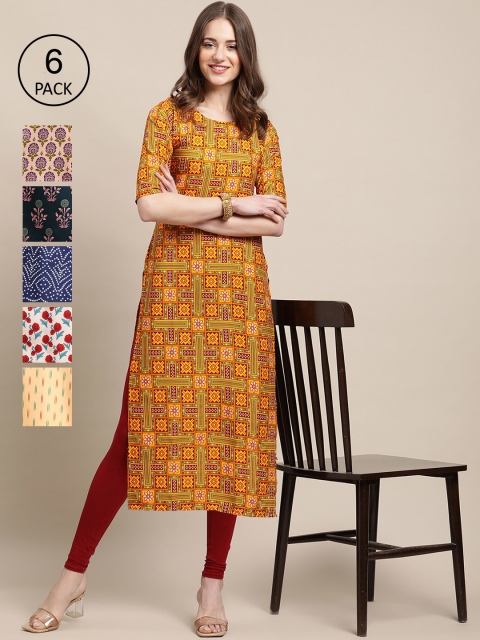 

KALINI Pack of 6 Women Printed Crepe Kurta, Green