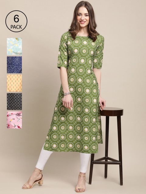 

KALINI Women Pack Of 6 Multicoloured Printed Block Print Crepe Kurta, Multi