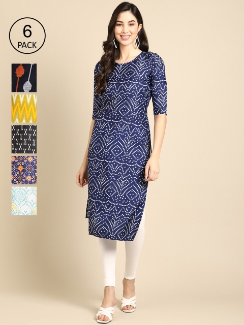 

KALINI Pack Of 6 Women Geometric Printed Round Neck Crepe Kurta, Navy blue