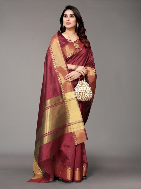 

Winza Designer Burgundy & Grey Woven Design Zari Silk Blend Banarasi Saree