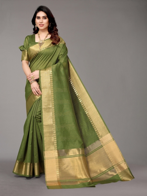 

Winza Designer Green & Gold-Toned Striped Zari Silk Blend Banarasi Saree
