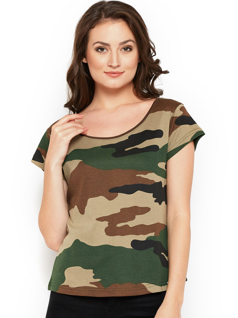 

The Dry State Women Beige & Green Camouflage Print Round Neck T-shirt