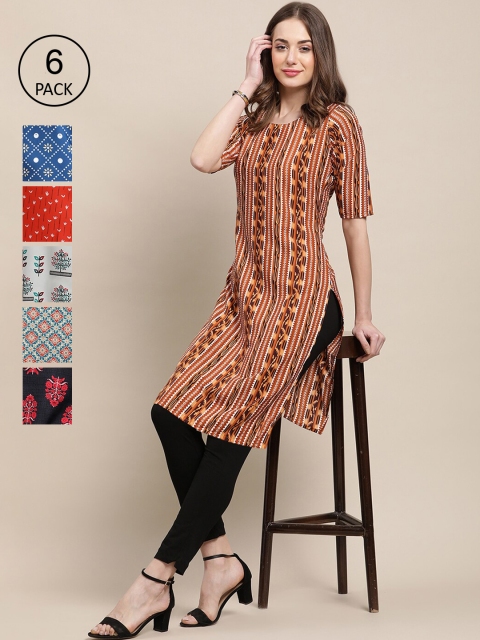 

1 Stop Fashion Women Pack of 6 Floral Printed Crepe Kurta, Multi