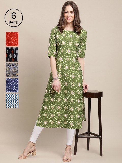 

1 Stop Fashion Pack of 6 Women Printed Crepe Kurta, Blue