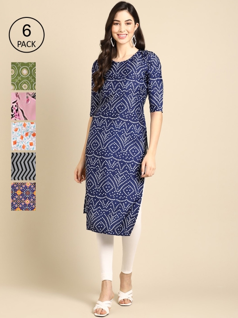 

1 Stop Fashion Women Pack of 6 Printed Crepe Kurta, Multi