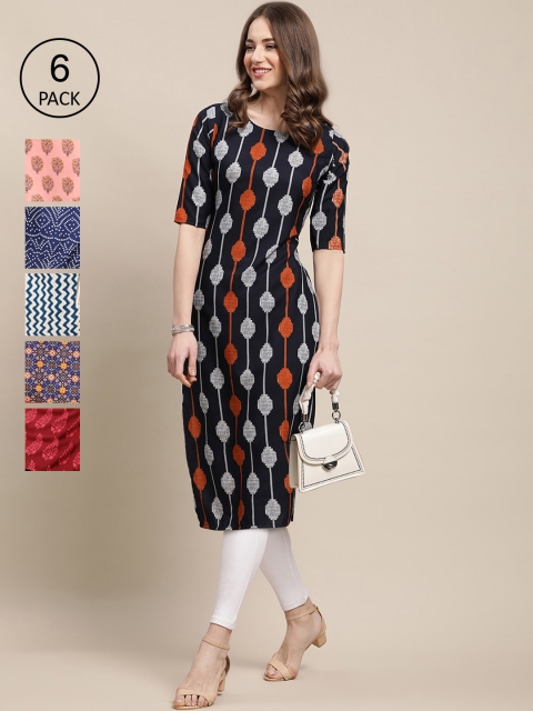 

1 Stop Fashion Women Pack of 6 printed Crepe Kurta, Multi