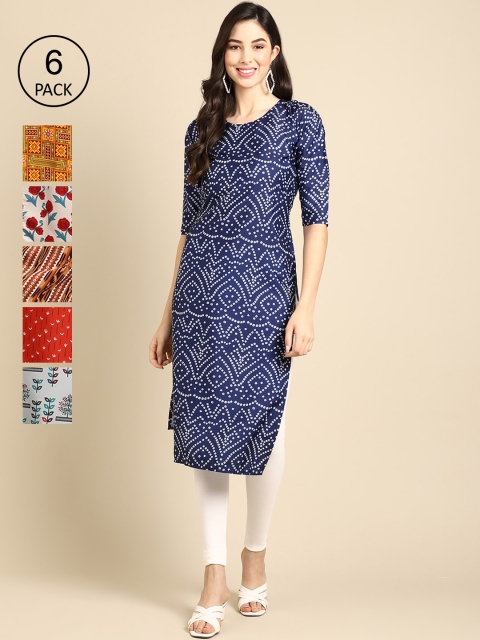 

1 Stop Fashion Pack of 6 Women Printed Crepe Kurta, Blue