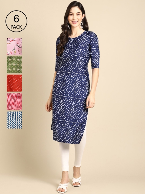 

1 Stop Fashion Pack Of 6 Women Multicoloured Printed Crepe Kurta, Multi