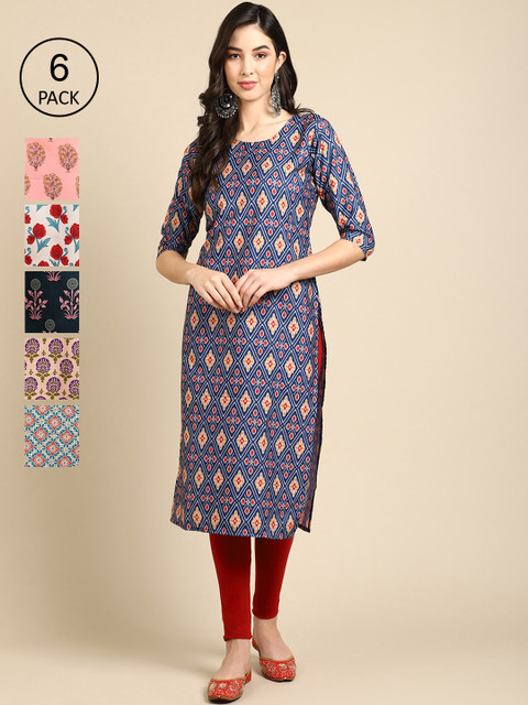 

1 Stop Fashion Women Pack of 6 Ethnic Motifs Printed Crepe Kurta, Multi