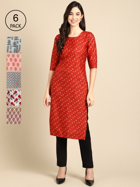

1 Stop Fashion Women Pack Of 6 Multicoloured Printed Crepe Kurta, Multi