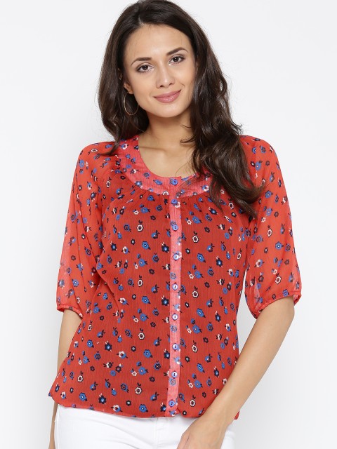 

Ayaany Women Coral Orange Printed Shirt Style Top
