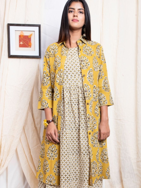 

Shuddhi Women Yellow & Green Printed Cotton A-Line Ethnic Dresses with Coat