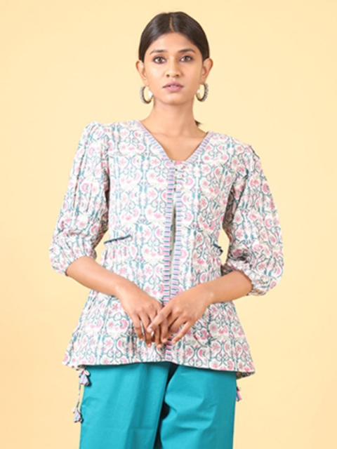 

Shuddhi White & Blue Floral Print Layered Top