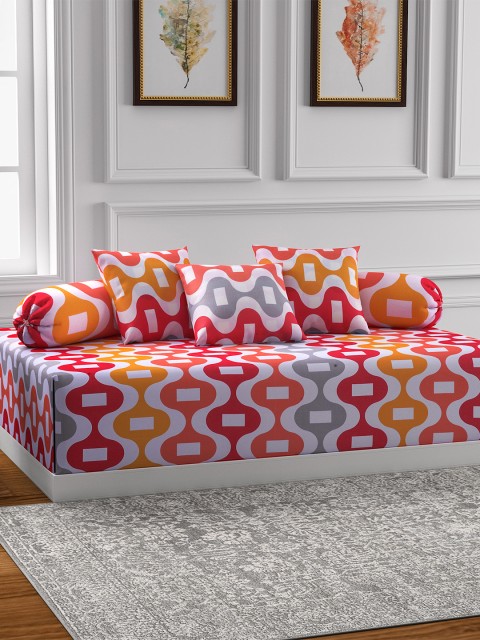 

SWAYAM Orange & Red Printed Diwan Set with Bolster & Cushion Covers