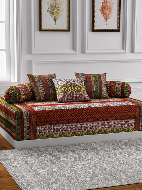 

SWAYAM Rust Brown Printed Diwan Set with Bolster & Cushion Covers