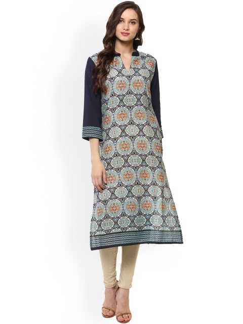 

Bhama Couture Women Blue Printed Straight Kurta