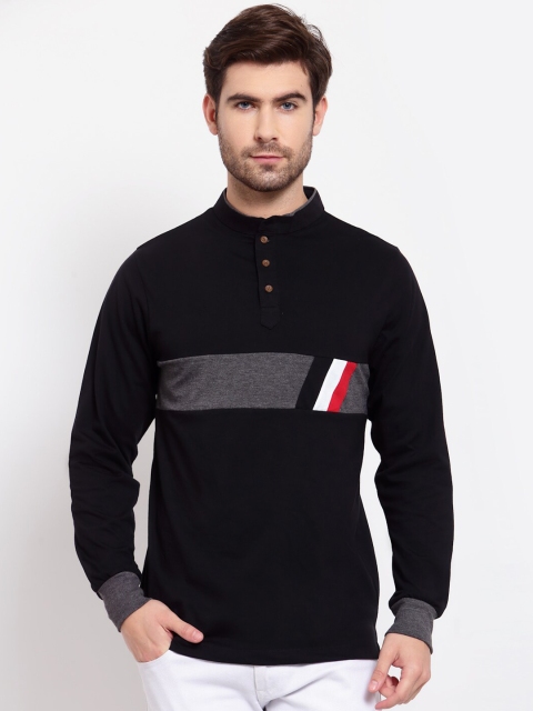 

Kalt Men Black Colourblocked Mandarin Collar T-shirt