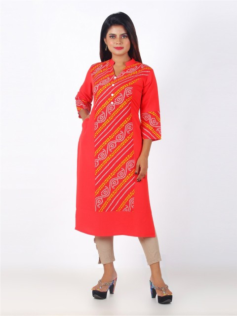 

GREEN DRAGONFLY Red Bandhani Printed Kurta
