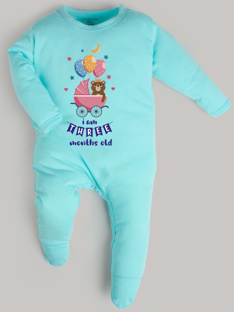 

FFLIRTYGO Kids Turquoise Blue Printed Cotton Sleepsuit