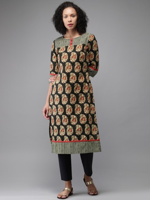 

Moda Rapido Women Black & Beige Printed Straight Kurta