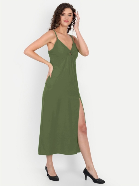 

MINGLAY Olive Green Organic Cotton Crepe Midi Dress