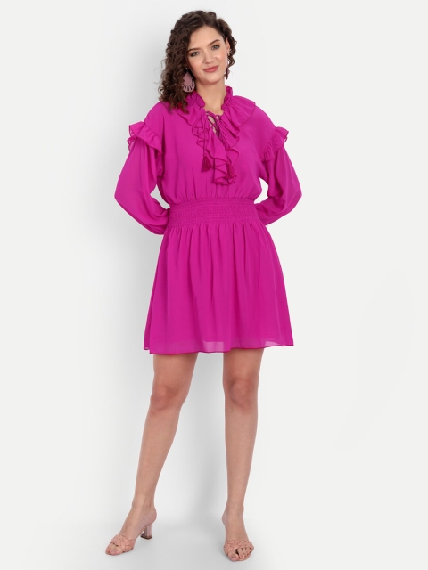 

MINGLAY Pink Tie-Up Neck Georgette Dress