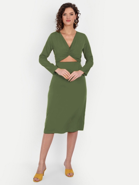 

MINGLAY Women Olive Green Organic Cotton Crepe Sheath Dress