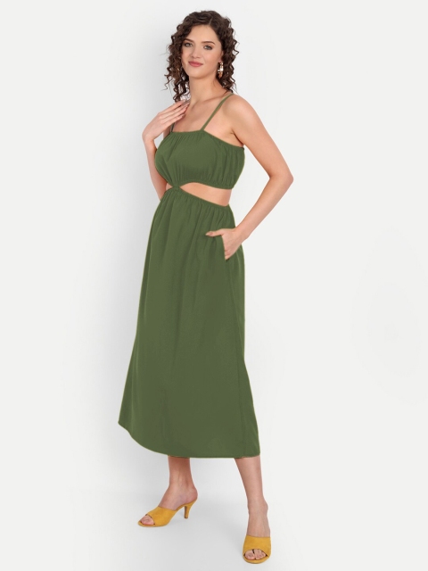 

MINGLAY Olive Green Organic Cotton Crepe A-Line Midi Dress