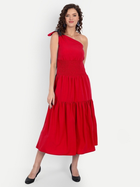 

MINGLAY Red One Shoulder Organic Cotton Crepe Midi Dress