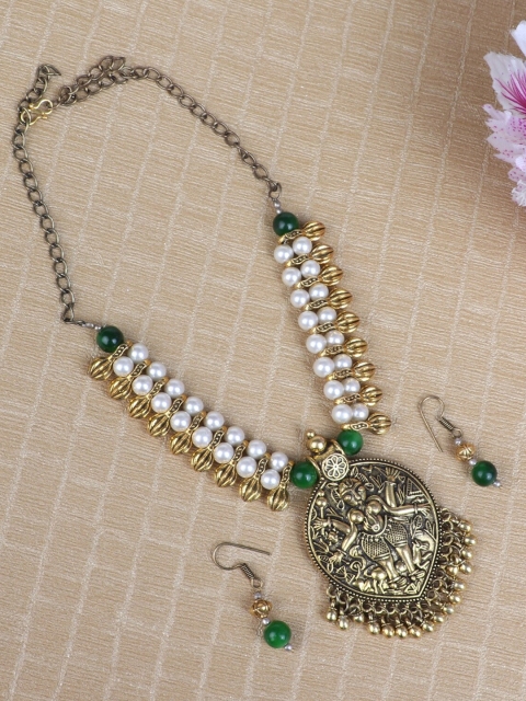 

FIROZA Gold-Toned & Green Brass Oxidised Necklace