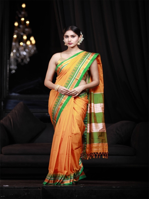 

KARAGIRI Yellow & Green Woven Design Zari Silk Blend Ilkal Saree