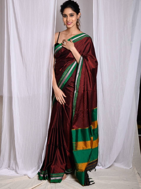 

KARAGIRI Women Maroon & Green Woven Design Silk Cotton Saree