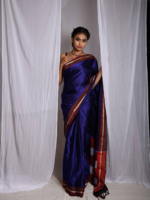 

KARAGIRI Blue & Red Ethnic Motifs Zari Silk Cotton Saree