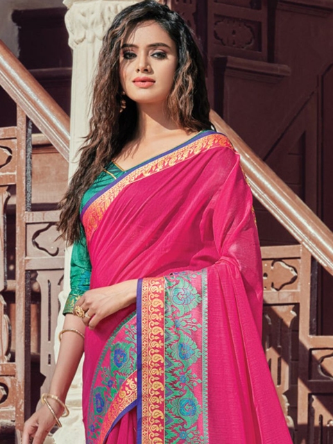 

KARAGIRI Peony Pink & Green Zari Woven Design Poly Cotton Saree