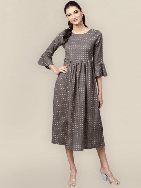 

Sangria Women Grey & Yellow Cotton Polka Dot A-Line Midi Dress