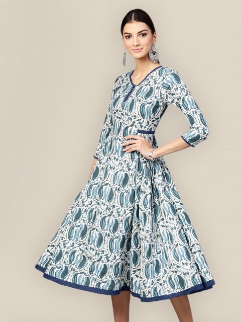 

Sangria Blue & White Ethnic Motifs A-Line Midi Dress