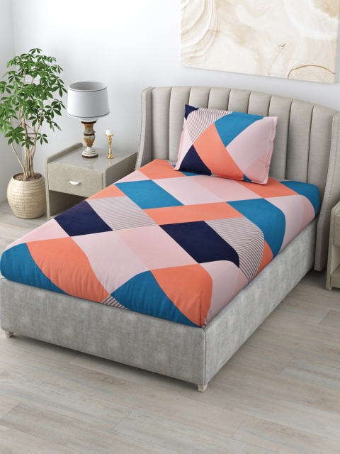 

Salona Bichona Orange & Blue 144 TC Single Bedsheet with 1 Pillow Covers