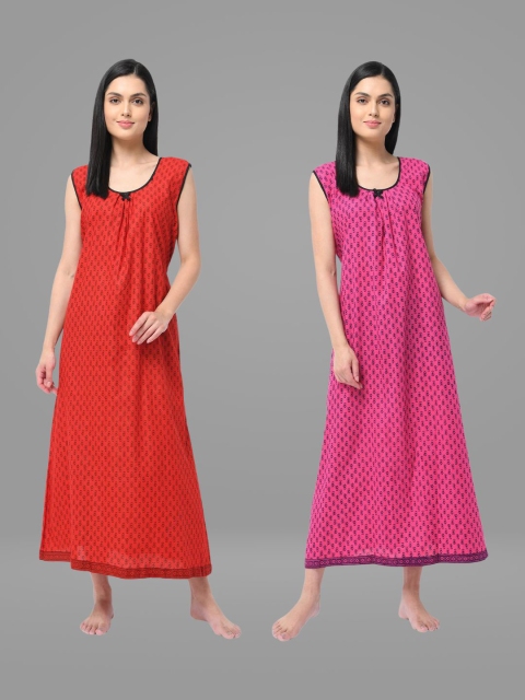 

Shararat Set Of 2 Red & Pink Printed Maxi Nightdress