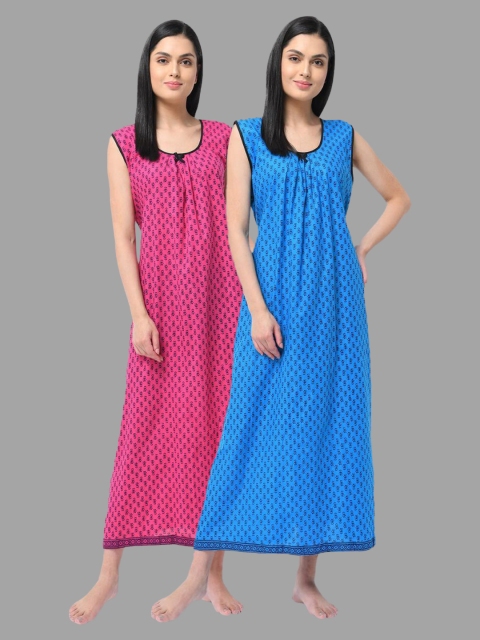 

Shararat Pack of 2 Blue & Pink Pure Cotton Printed Maxi Nightdress