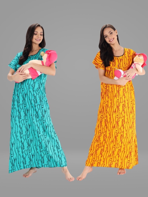 

Shararat Pack of 2 Teal Green & Yellow Printed Maternity Maxi Nightdress