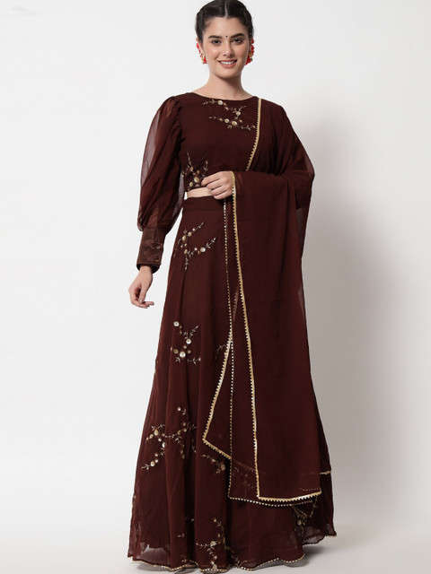 

DIVASTRI Brown & Gold-Toned Embroidered Ready to Wear Lehenga & Unstitched Blouse With Dupatta