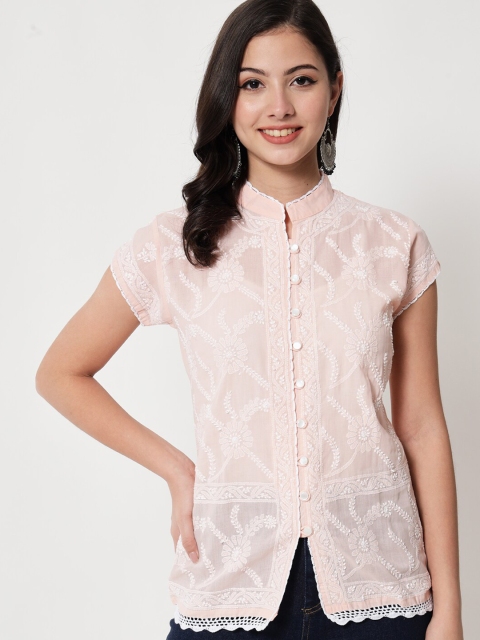 

PARAMOUNT CHIKAN Peach-Coloured & White Embroidered Chikankari Pure Cotton Kurti