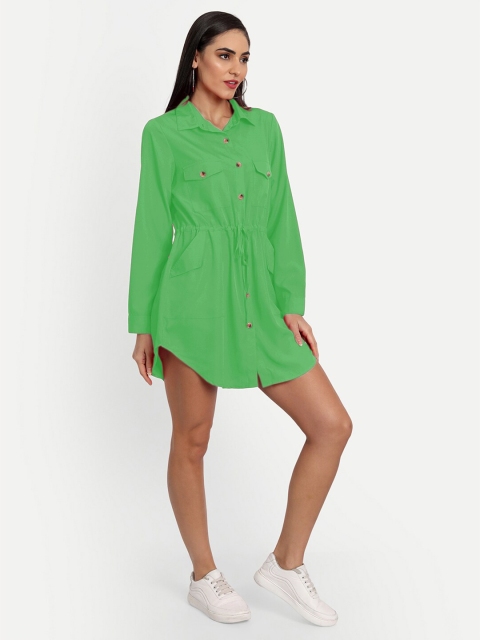 

MINGLAY Green Organic Cotton Crepe Shirt Mini Dress