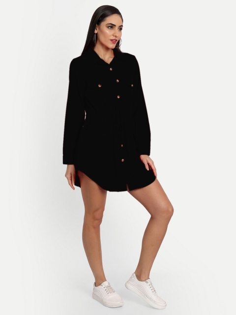

MINGLAY Black Organic Cotton Crepe Shirt Mini Dress